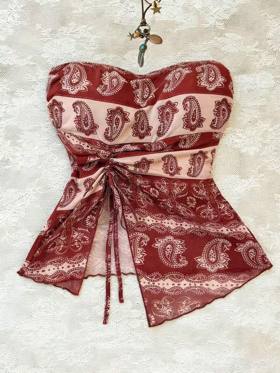 Elamini 女士休闲度假优雅日常时尚街头风波西米亚佩斯利印花抽绳不对称下摆抹胸上衣 - 彩色 - 查看 1