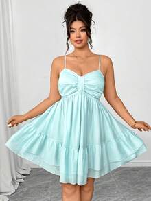 Elenzga Vestido mini de tirantes con falda acampanada de talla grande en azul claro, elegante para el té de la tarde, fiestas con la novia, vacaciones románticas, viajes casuales, ligero y cómodo - Celeste - Ver 3