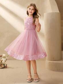 花童网纱拼接串珠露背蓬蓬公主裙，短款，适合婚礼、生日派对、宴会等各种场合，四季皆宜。 - 粉色 - 查看 1