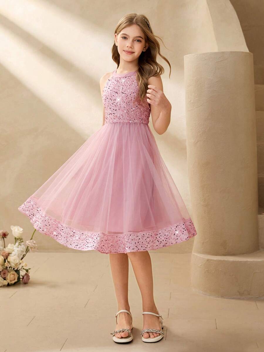 花童网纱拼接串珠露背蓬蓬公主裙，短款，适合婚礼、生日派对、宴会等各种场合，四季皆宜。 - 粉色 - 查看 1