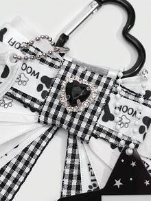 ROMWE 1 Pc Y2K Style Musical Note And Star Keychain, Subculture Musical Note Bag Charm,Anime Style Grid Bowknot Pendant, Suitable For Back To Teenagers And Student Keychain Accessories. - White Black - View 8