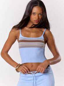 MUSERA 细肩带条纹针织修身吊带背心，适合春夏度假、优雅海滩、可爱机场休闲、秋季返校、秋冬日常穿着，时尚别致。 - 藍色 - 查看 1