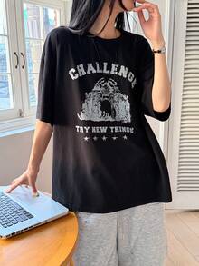 DAZY Áo thun nữ tay ngắn cổ tròn in chữ tiếng Anh, kiểu dáng rộng rãi phong cách Hàn Quốc. - màu đen - Xem 6