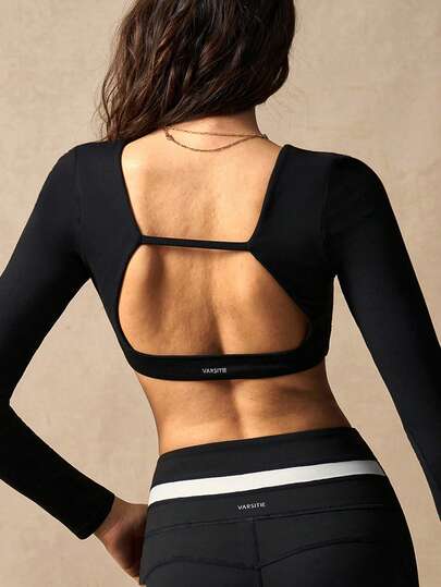 VARSIVA Solid Color Backless Long Sleeve Fitted Cropped Athletic T-Shirt