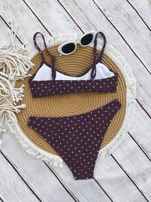 Swim Mod 优雅度假波西米亚风海军蓝白波点可调节肩带V领性感比基尼套装 - 彩色 - 查看 2