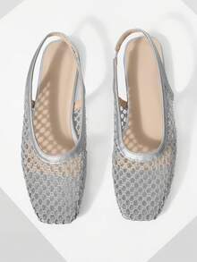 Mnmlis Women's New Fashion Woven Hollow Slip-On Flat Square Toe Loafers - Silver - View 1