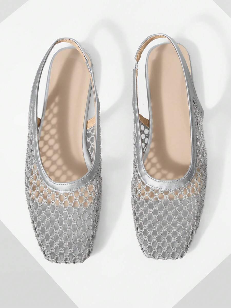 Mnmlis Women's New Fashion Woven Hollow Slip-On Flat Square Toe Loafers - Silver - View 1