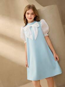 Tween Girls' Elegant Lily Satin Puff Sleeve Dress With Cute Bow Design And Blue Wave Pattern, And Gentle - Blue - View 4