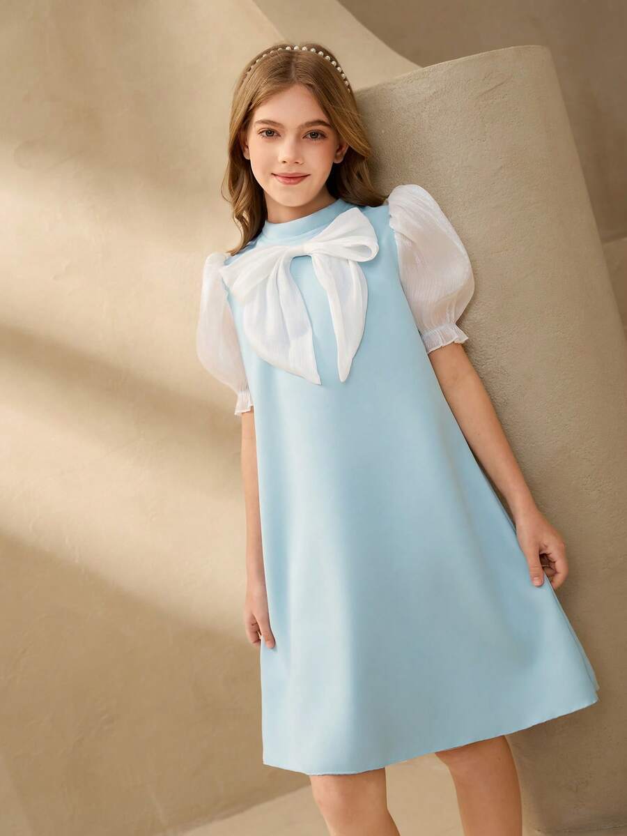 Tween Girls' Elegant Lily Satin Puff Sleeve Dress With Cute Bow Design And Blue Wave Pattern, And Gentle - Blue - View 1