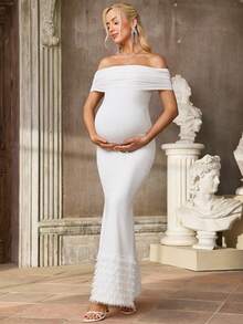 SHEIN 孕妇纯色褶皱露肩鱼尾下摆修身优雅连衣裙 - 白色 - 查看 6