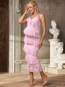SHEIN Robe de soirée élégante à volants pour femmes enceintes - Rose bonbon - Voir 8