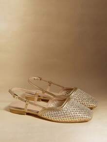 Rosivie Giày nữ mũi vuông đế bằng chất liệu bện vàng, kiểu slingback, giày đế bằng nữ phong cách nghỉ lễ, phong cách retro, phong cách bohemian, giày đế bằng thoải mái cho nữ. - Vàng - Xem 4