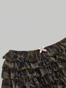 ROMWE Chân váy ngắn xếp tầng màu hồng họa tiết rằn ri phong cách Y2K dành cho nữ, cạp siêu thấp. - xanh quân đội - Xem 8