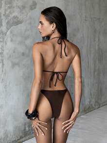 SHEIN Luminelle 时尚性感露背系带编织工艺女士泳衣上装和超高衩三角泳裤，女士比基尼套装，春夏款 - 棕色 - 查看 2