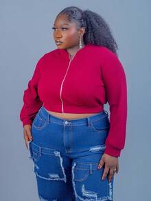 CurvyTilda Plus 1pc Valentine's Day Solid Zip Up Crop Bomber Jacket Winter Fall Autumn - Burgundy - View 5