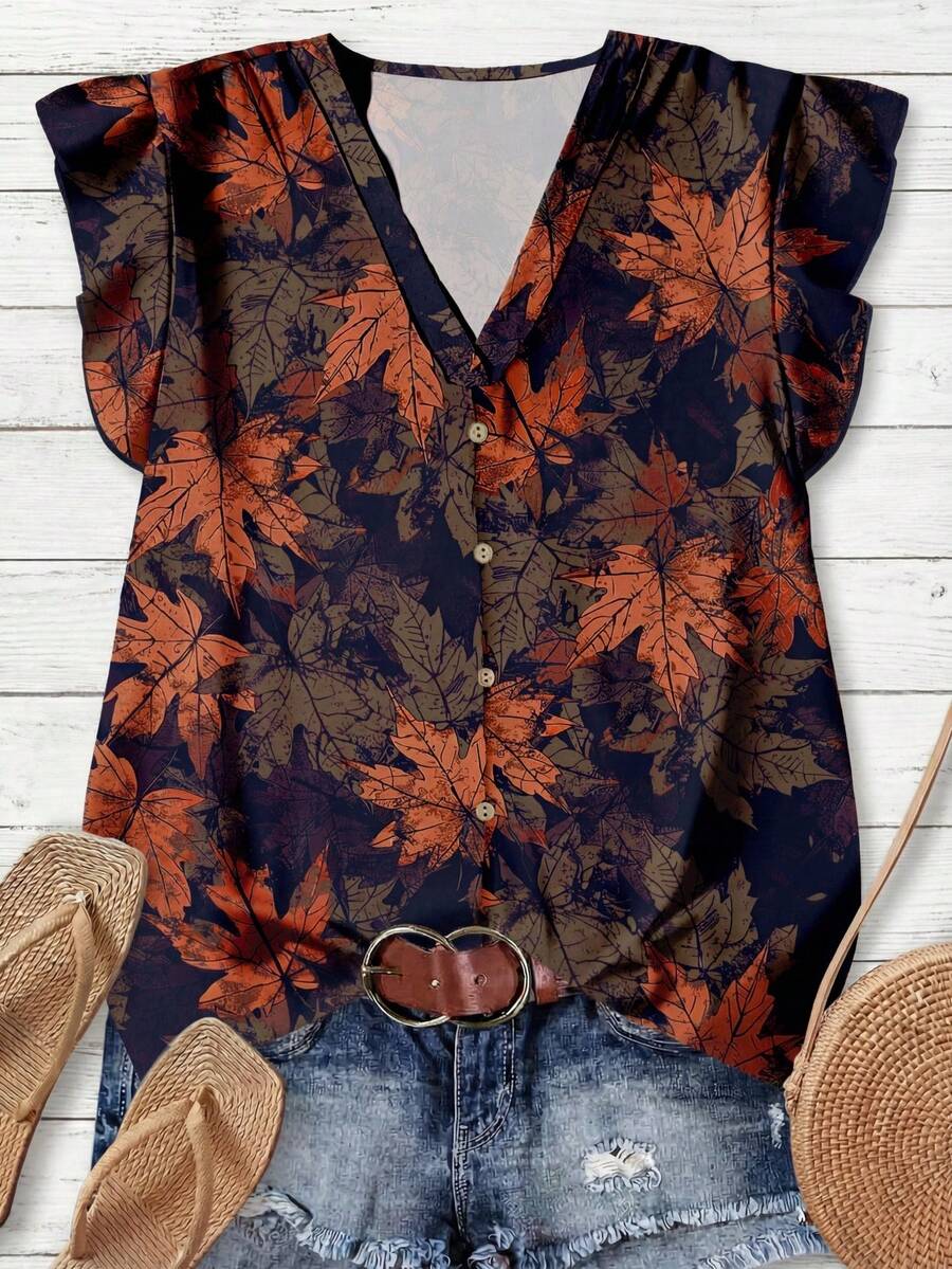 Rusticease Casual Minimalist Vintage Coin & Maple Leaf Allover Print Women Shirt, Versatile Style Suitable For Early Autumn - Multicolor - View 1