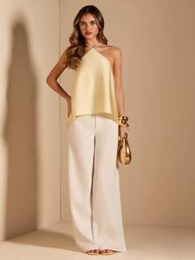 SHEIN BAE Women's Solid Yellow Spaghetti Strap Backless Asymmetrical Hem Minimalist Satin Blouse, Casual Wear,Women's Social Blouse - Yellow - View 7