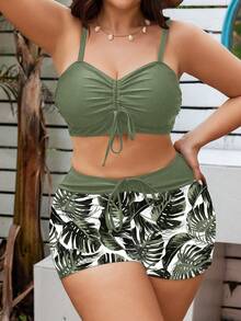 de de 2 piezas con parte superior de tirantes ajustables con estampado de unicolor y tropical, y shorts de cintura alta con cordón, conjunto elegante para vacaciones en la playa para mujeres - Negro - Ver 8