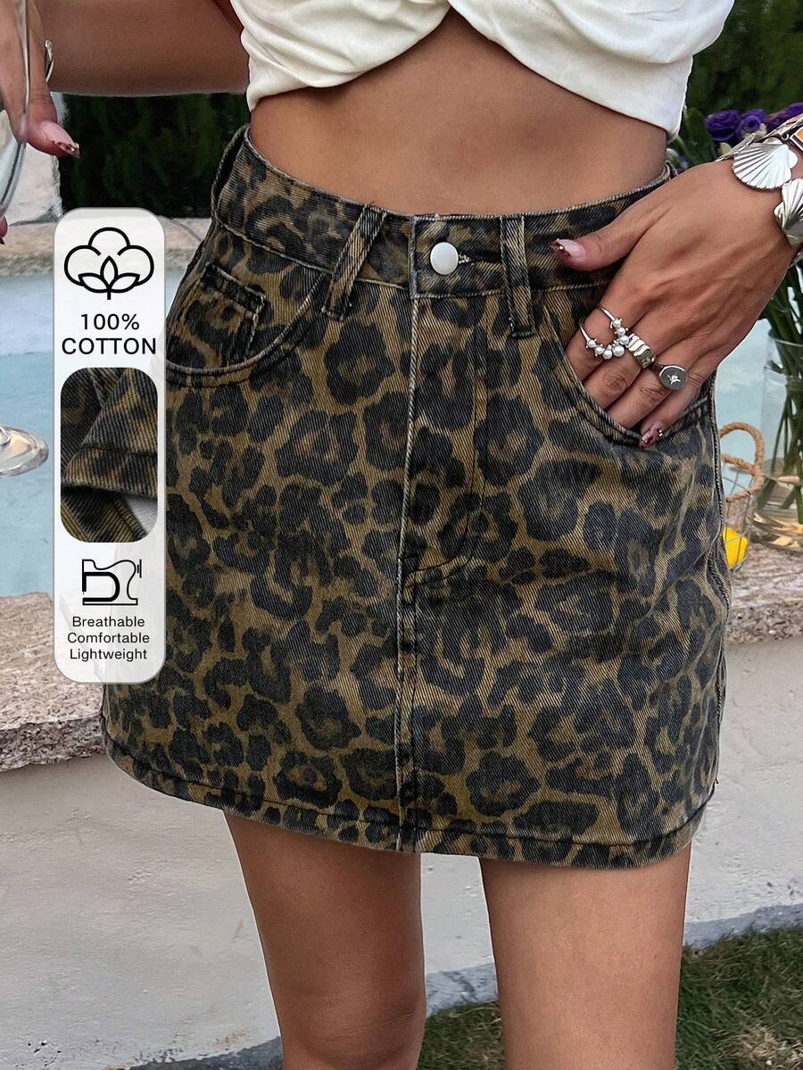 DAZY Minifalda vaquera casual de talle regular con estampado de leopardo - Verde militar - Ver 1