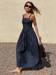 DAZY 女士荷叶边腰带系带休闲牛仔长连衣裙，度假风 - 深色水洗藍 - 查看 4