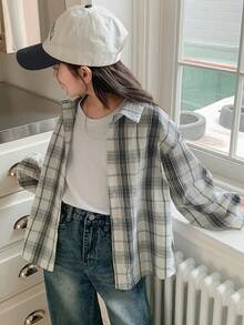 Dazy Kids 少女格子长袖单排扣休闲衬衫 - 黑與白 - 查看 5
