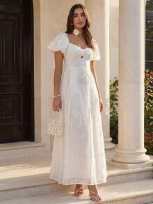 Enchnt Váy thêu hoa trơn màu thanh lịch cho nữ, mùa hè - Màu be - Xem 9