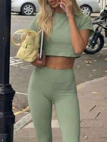 Fluxe 纯色针织圆领宽松短款休闲女式T恤 - 綠色 - 查看 8