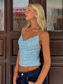 MainGRL Women's New Sequin Plunging Neck Backless Camisole For Party - Blue - View 4