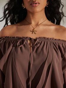 Opulessa 休闲百搭女式纯色露肩扭结上衣，棕色露肩上衣，适合春夏、节日、优雅派对、海滩度假、婚礼宾客、正式毕业典礼、工作场合。 - 棕色 - 查看 1