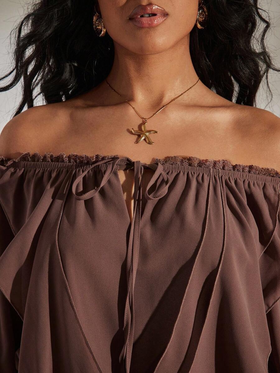 Opulessa 休闲百搭女式纯色露肩扭结上衣，棕色露肩上衣，适合春夏、节日、优雅派对、海滩度假、婚礼宾客、正式毕业典礼、工作场合。 - 棕色 - 查看 1