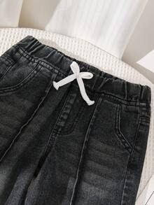 SHEIN Playful Pals Young Girl' Straight Leg Jeans,Comfortable Elastic Waist Design,Bow Decor,Leg Seam Detail,Black Washed Denim,Dark Blue,Summer,Daily Wear And Vacation - Black - View 5
