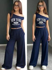 Girlism 少女休闲字母印花不对称领口T恤和裤子套装，夏季 - 藏蓝色 - 查看 3