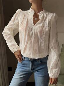 DAZY 提花拼接荷叶边花瓣袖宽松休闲度假夏季上衣，女式衬衫 - 杏色 - 查看 4