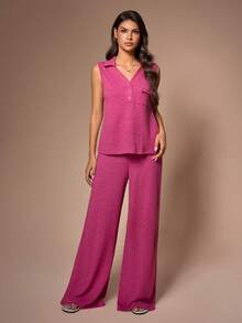 SHEIN Women's Casual Sleeveless Lapel Partial Button Pocket Top And Pants Pajama Set - Hot Pink - View 4