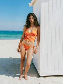 Maija Women's Striped Criss-Cross Strap Casual Swimsuit Set,Vacation Outfits Women,Summer Holiday Outfits ,Beach Vacation Outfits For Women Orange Striped Bikini Top Orange Striped Bikini Bottom Orange Bikini With Stripes Bikini Orange Orange Swimsuit Women's Swimwear Women Swim Suit Set Capri Beach Outfit For Women Beach Vacation Outfits For Women - Orange - View 4