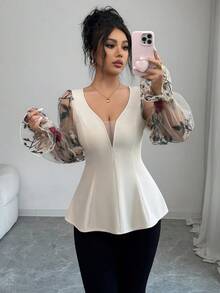 Selianne Women's Elegant Off-White Autumn Dinner Date Shirt,V-Neck Waist Cinched Puff Sleeve Embroidered Mesh Rose Floral Splice, Vacation Outings - Apricot - View 1