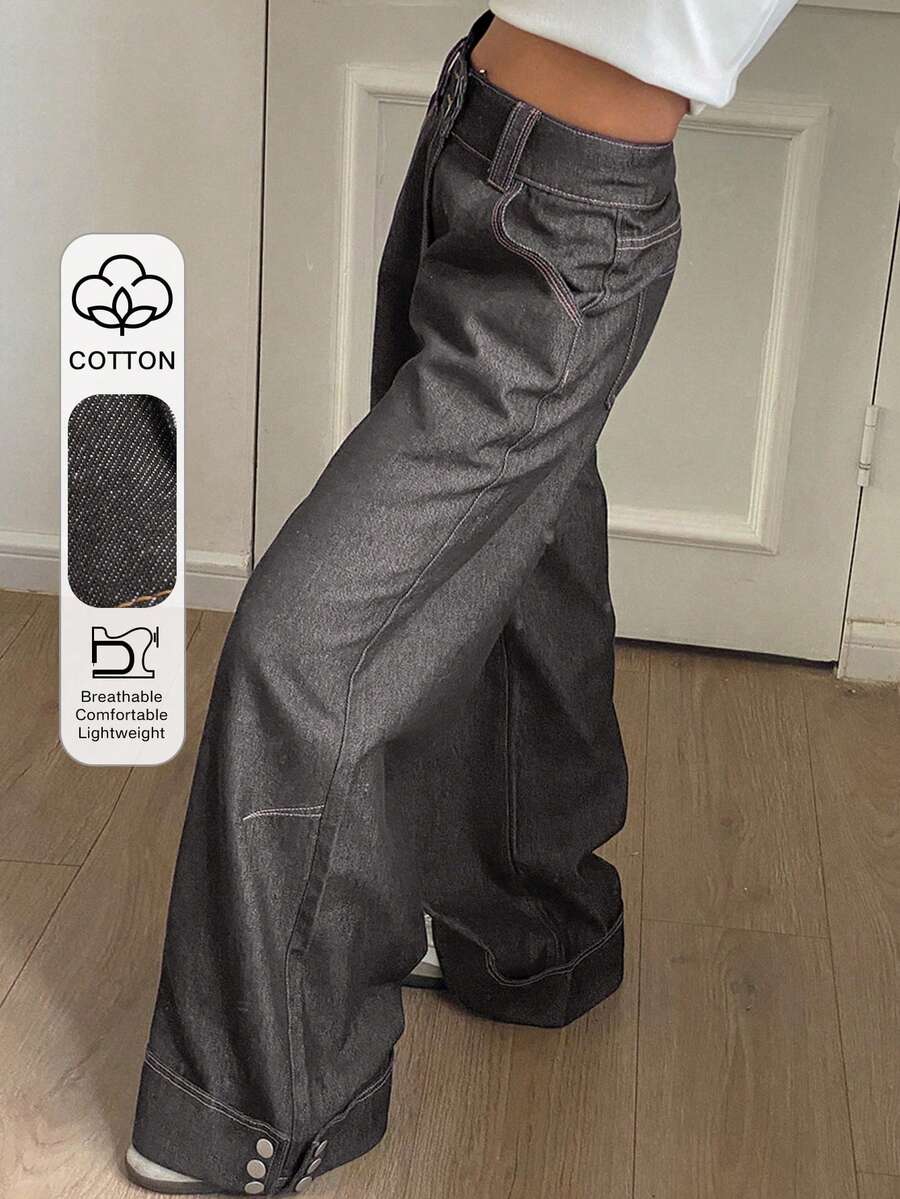 DAZY 复古宽松直筒水洗白色女式牛仔裤 - 灰色 - 查看 1