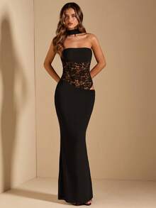 SHEIN BAE Black Strapless, Neck Hanging, Waist Transparent Lace Patchwork, Mesh Fishtail Skirt, Elegant Temperament Dress,Party Dress,Graduation Dress,Wedding Party Dress,Black Dress - Black - View 5