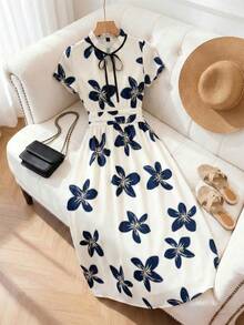 Franclia Vestido largo con estampado floral elegante y lazo para mujer - Blanco y Negro - Ver 3