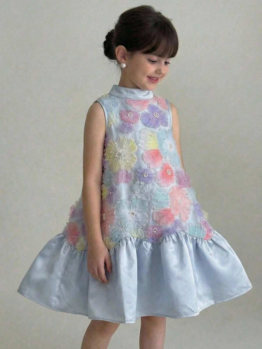 Váy lưới cổ xanh thanh lịch và dễ thương cho bé gái - Nhiều màu - Xem 1