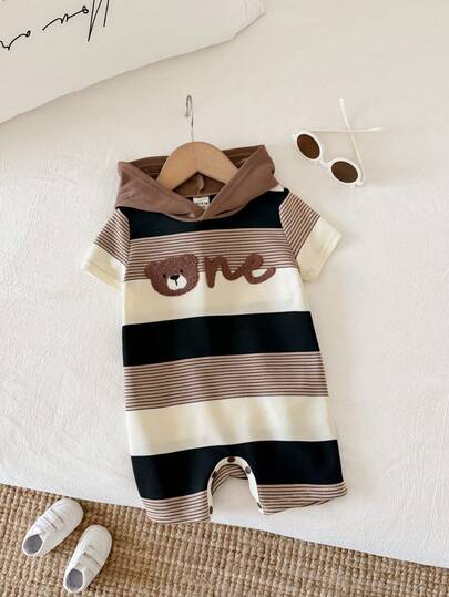 SHEIN 新生男宝宝可爱夏季针织卡通条纹连帽连体衣，萌萌哒连体衣，小熊条纹连体衣