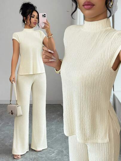 Elenzga 2pcs Women Solid Color Stand Collar Cap Sleeve Top And Pants Casual Homewear Set