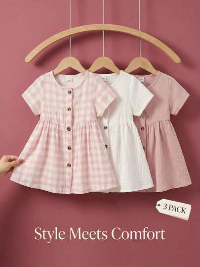SHEIN 3 Pack Toddler Girl Baby Infant Kids SS Style Casual Gingham Plaid Solid Button Front Short Sleeve Round Neck Soft Thick Dresses Summer Outfits Clothes Set Skirt Gowns For Vacation Beach Wedding Party Spring Summer