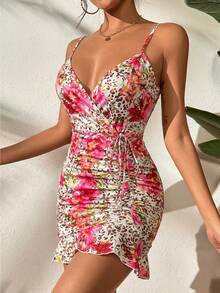 Rafferiza Women's Leopard & Floral Print Tie-Waist Ruched Casual Vacation Date Night Mini Cami Dress Sexy Summer Dress - Multicolor - View 4