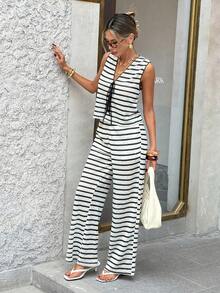Siren Gaze Women's Summer Casual Striped Tank Top And Pants 2 Pieces Set - Black - View 5