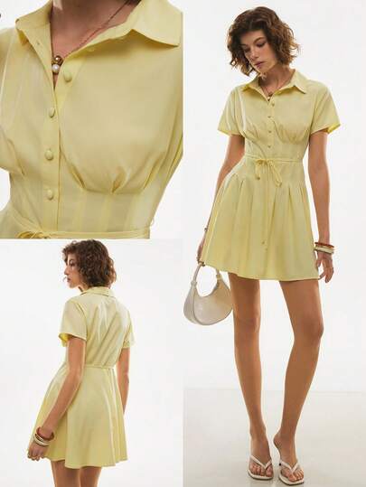 Poéselle Women's Casual Solid Color Waist Cinched Short Dress, Suitable For Commuting In Summer,Light Yellow Shirt Dress For Women, Short Sleeve Button Up Mini Dress With Tie Waist, Flowy Summer Casual Elegant Outfit,French-Style Dresses,Summer Dresses