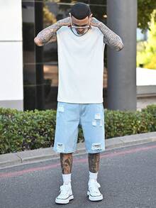Devon Thys Quần short denim Bermuda màu xanh nhạt, kiểu dáng thời trang dành cho nam, hoàn hảo cho mùa hè thư giãn, quần short denim ống rộng rộng rãi cho bạn trai và chồng khi đi chơi - Rửa nhẹ - Xem 5