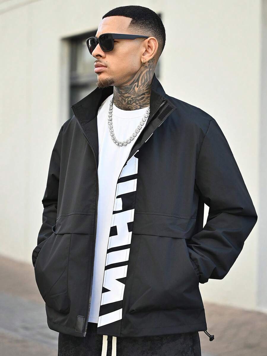 Devon Thys 男士长袖休闲百搭运动立领夹克，大号印花图案，情侣款，大口袋，秋冬拉链夹克，防风夹克，街头风科技夹克 - 黑色 - 查看 1