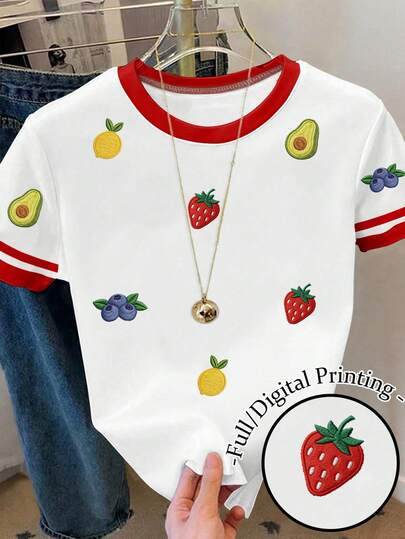 少女春夏休闲时尚创意个性清新简约水果草莓蓝莓牛油果柠檬红白图案印花舒适基础款短款T恤，适合春、夏、秋季少女氛围穿搭，舒适的夏秋风格上衣