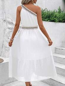 Breezaya 女士度假休闲镂空纹理拼接蕾丝边夏季连衣裙超长度假海滩装 - 白色 - 查看 2